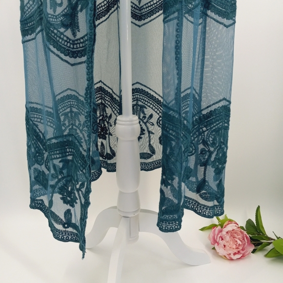 *SOLD* CRACKER BARREL Boho Chic Teal Floral Lace Mesh Kimono Duster Beach Cover - Picture 2 of 12